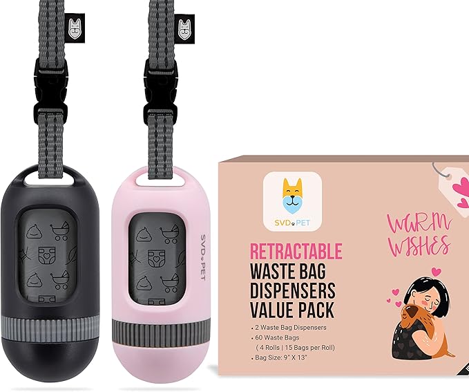SVD.PET [2-Pack] Retractable Waste Bag Dispensers Gift Set, 2 Pet Waste Bag Holders with 60 large Waste Bags, Dog Walking Accessory Gift Value Pack (Black &amp; Primrose Pink)