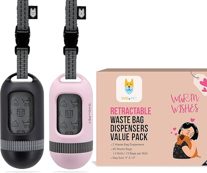 SVD.PET [2-Pack] Retractable Waste Bag Dispensers Gift Set, 2 Pet Waste Bag Holders with 60 large Waste Bags, Dog Walking Accessory Gift Value Pack (Black &amp; Primrose Pink)
