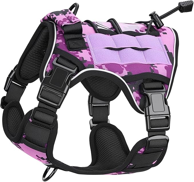 Heavy-Duty Tactical Dog Harness for Large Dogs, No Pull Adjustable Reflective Pet Vest with Molle System, K9 Military-Grade Control for Service Training, Outdoor &amp; 10+ Breeds, Purple Camo, Small