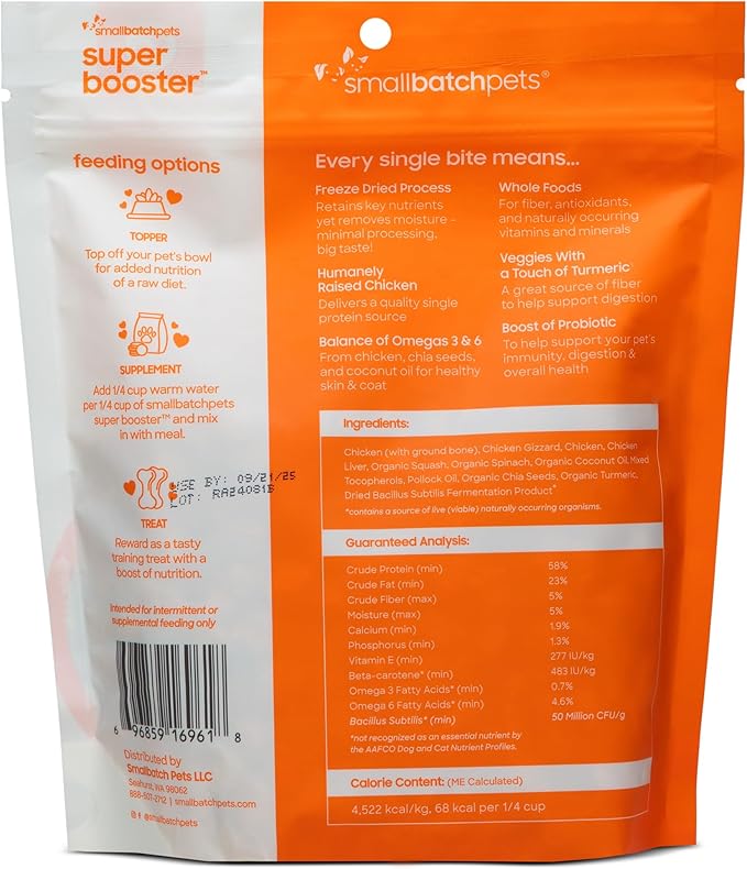 smallbatch Freeze Dried Dog Treats, Superfood Food Topper Chicken Bites for Dogs &amp; Cats, Probiotics, Organic Ingredients, High Protein, Grain Free Healthy Treat Food Topper, Made in The USA, 7 oz Bag