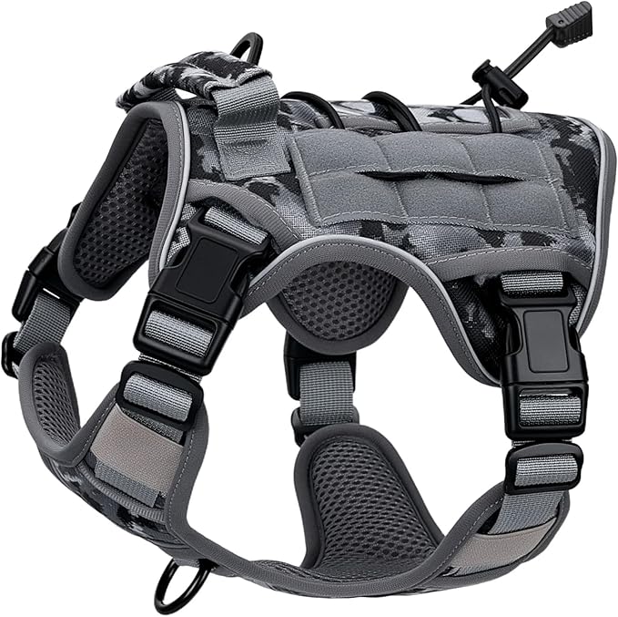 Heavy-Duty Tactical Dog Harness for Large Dogs, No Pull Adjustable Reflective Pet Vest with Molle System, K9 Military-Grade Control for Service Training, Outdoor &amp; 10+ Breeds, Gray Camo, Small