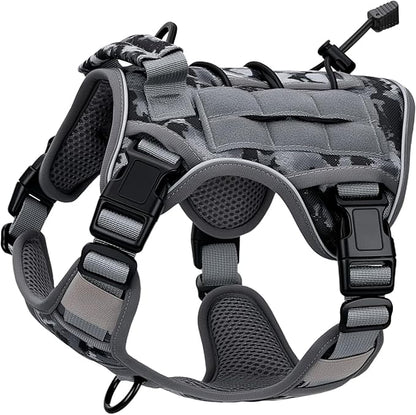 Heavy-Duty Tactical Dog Harness for Large Dogs, No Pull Adjustable Reflective Pet Vest with Molle System, K9 Military-Grade Control for Service Training, Outdoor &amp; 10+ Breeds, Gray Camo, Small