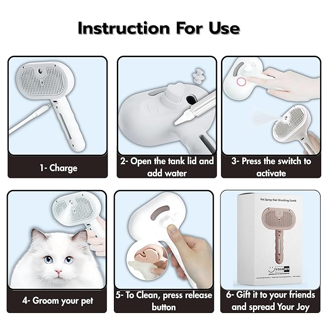 4 in 1 Cat Steam Brush: steam brush for cats, Grooming, Shedding, Mist Spray, Hair Removal Comb &amp; Massager, USB Rechargeable Self Cleaning cat steam brushes for indoor cats - White