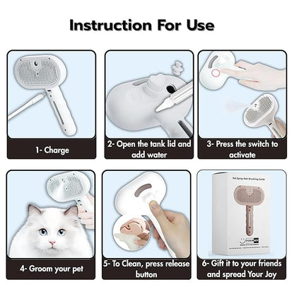 4 in 1 Cat Steam Brush: steam brush for cats, Grooming, Shedding, Mist Spray, Hair Removal Comb &amp; Massager, USB Rechargeable Self Cleaning cat steam brushes for indoor cats - White