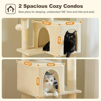Cat Tree for Indoor Cats, Multi-Level Cat Tower with Sisal Scratching Posts, Padded Platform, Multi-Level Cat Condo w/Soft Bed &amp; Scratching Pad, 2 Pompoms, Sturdy Base, Beige