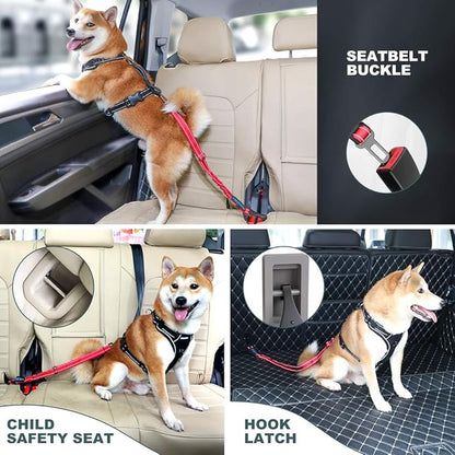 IOKHEIRA Dog Seat Belt 3-in-1 Car Harness for Dogs Adjustable Safety Seatbelt for Car Durable Nylon Reflective Bungee Fabric Tether with Clip Hook Latch &amp; Buckle, Swivel Zinc Alloy Carabiner Red