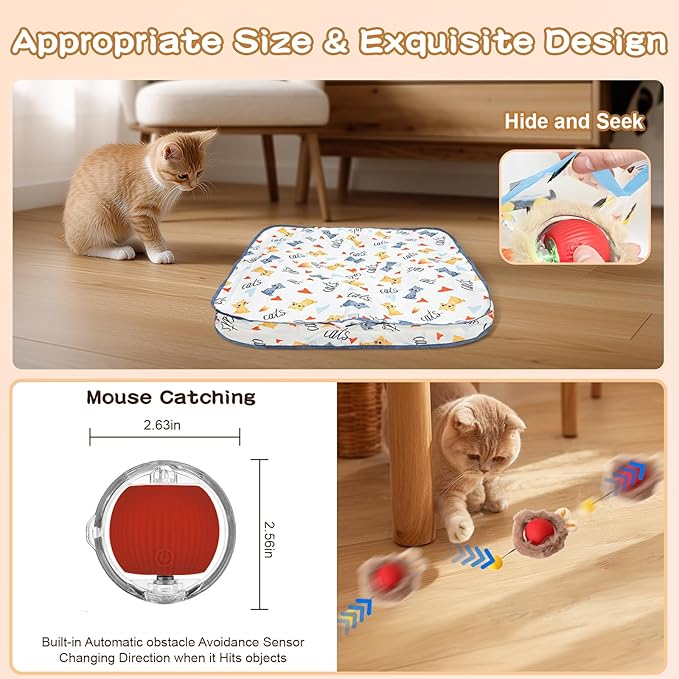 Rocfish Interactive Cat Toys Ball - Automatic Fast Rolling Ball in Play Mat, Hide and Seek Mouse Catching Game, Low-Noise Cat Enrichment Toys in Pouch for Indoor Bored Cats (Red Toy &amp; Square Mat)