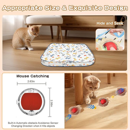 Rocfish Interactive Cat Toys Ball - Automatic Fast Rolling Ball in Play Mat, Hide and Seek Mouse Catching Game, Low-Noise Cat Enrichment Toys in Pouch for Indoor Bored Cats (Red Toy &amp; Square Mat)