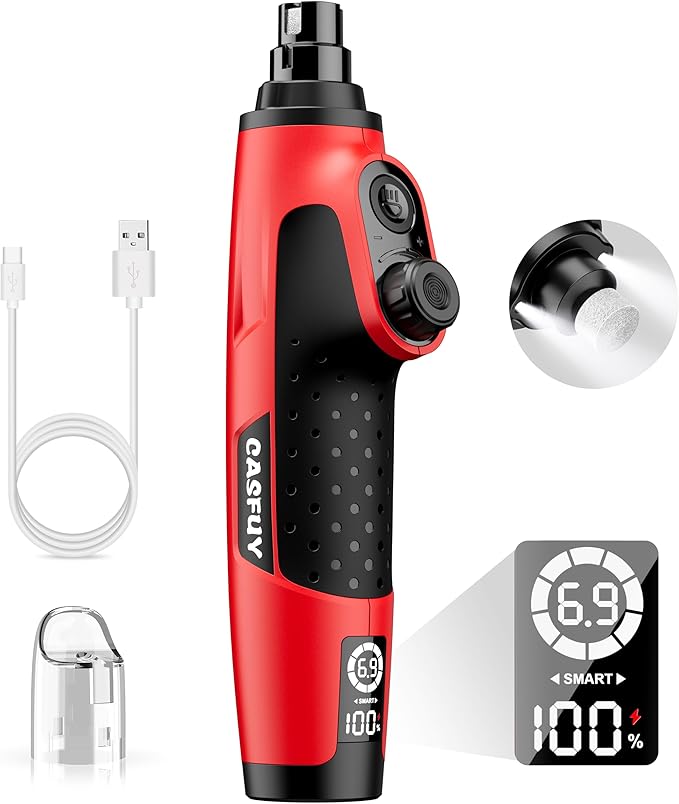 Casfuy Smart 6-Speed Dog Nail Grinder - 50% More Power Pet Nail Grinder with 2 LED Lights Quiet Rechargeable Electric Dog Nail Trimmers File Toenail Grinder for Large Medium Small Dogs &amp; Cats (Red)