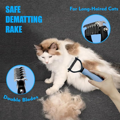 Grooming Brush Kit - 5pcs for Shedding &amp; Matted Fur, Self-Cleaning with Flea Comb for Indoor Long-Haired Cats, Blue
