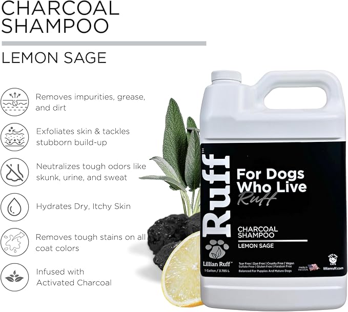 Ruff by Lillian Ruff Activated Charcoal Pet Shampoo – Lemon Sage – Deep Cleanser, Deodorizer &amp; Stain Remover – Hydrates Dry Itchy Skin – Puppy &amp; Dog Safe – USA Made (Gallon)