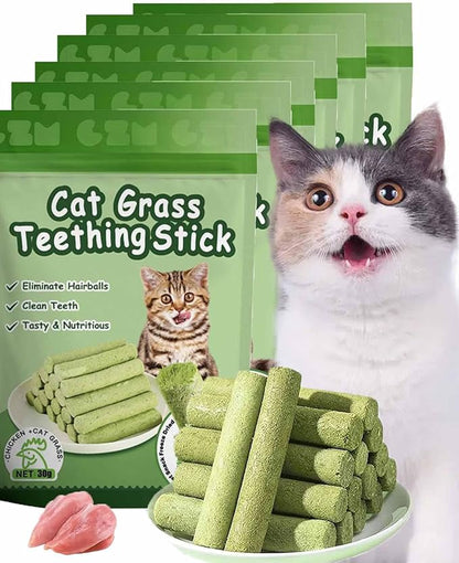 Primeco Cat Grass Teething Stick, Natural Grass Molar Rod Made of Chicken &amp; Cat Grass, 6 PCS Per Bag for Cat Indoor Teeth Cleaning, Hairball Removal, Dental Care, Increase Appetite (6 pcs)