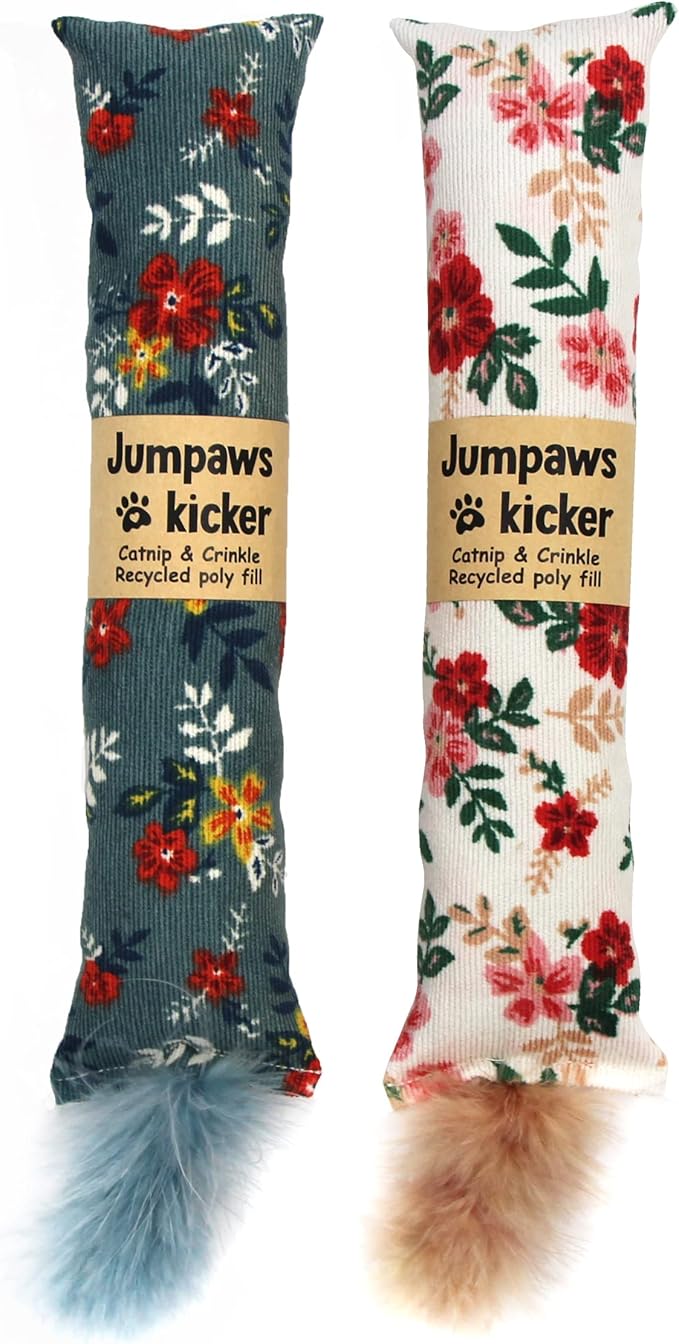 2 Pack Natural Interactive Catnip &amp; Silvervine Cat Kicker with Feathers, Bite Resistant Chew Toy, Crinkle Kicker, Accessories for Indoor Cat, Premium Corduroy Floral