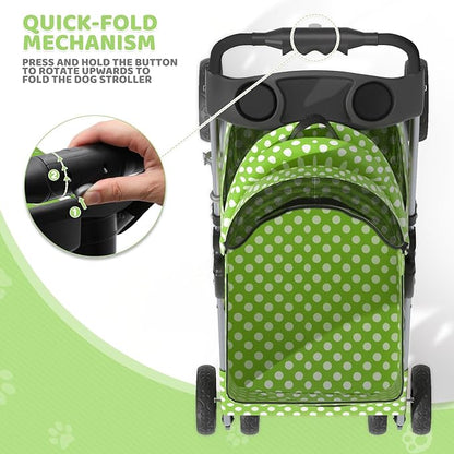 Magshion Foldable Pet Stroller, 3-in-1 Dog Travel Jogger with Detachable Carrier, Cup Holder, Storage Basket, Folding Carrier for Small/Medium Dogs &amp; Cats Up to 33 lbs, Lawn Green Polka Dots