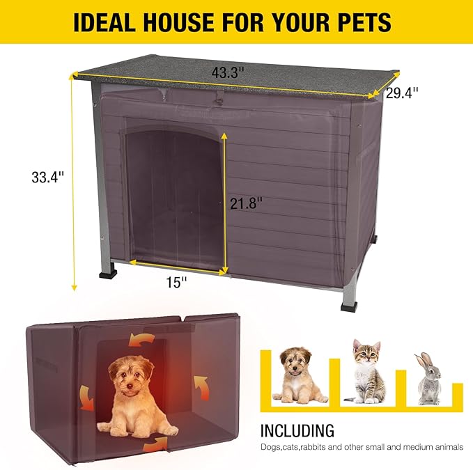 Aivituvin Dog House with Insulated Liner, Outdoor Indoor Weatherproof Dog House for Winter, Suitable for Small &amp; Medium &amp; Large Dogs with Unique All-Around Iron Frame(Grey)