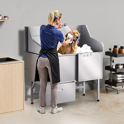 VEVOR Professional 304 Stainless Steel Dog Bathing Station, 50 inch Pet Grooming Tub w/Anti-Slip ramp, Storage Drawer, Cold Hot Faucet Showerhead, for Large &amp; Medium &amp; Small (Right Door, with Drawer)