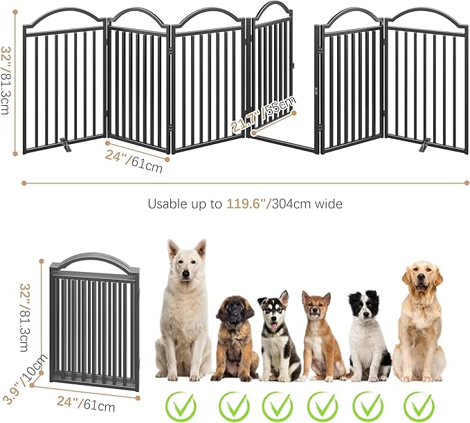 BHG Metal No-Assembly Freestanding Dog Gate with Door Walk Through, Extra Wide 144", Extra Tall 32" Pet Gate, Accordion Puppy Folding Playpen Dog Fence for Indoor &amp; Outdoor, with 2PCS Support - Black