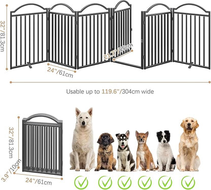 BHG Metal No-Assembly Freestanding Dog Gate with Door Walk Through, Extra Wide 144", Extra Tall 32" Pet Gate, Accordion Puppy Folding Playpen Dog Fence for Indoor &amp; Outdoor, with 2PCS Support - Black