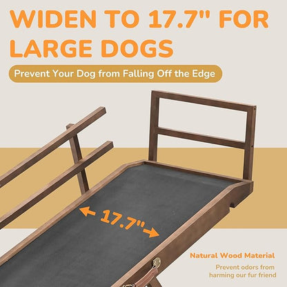 Dog Ramp for Bed, 5 Level Adjustable Dog Ramp for High Beds, Upgrade Rubber Mat High Traction Ramp with Safety Rails, Folding Pet Ramp for Bed, Couch,SUV, Natural Wood Pet Ramp for Small &amp; Old Dogs