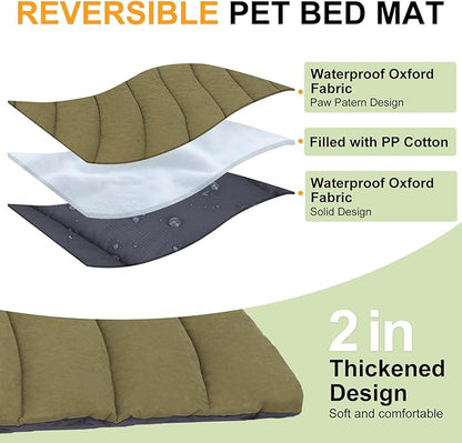 BEAUTYZOO Outdoor Dog Bed Waterproof, Camping Dog Bed Reversible, Portable Travel Bed with Carry Bag- Machine Washable, Durable, Foldable Outdoor Pet Bed Mat for Medium Large Dogs, 35” x 51“ Green