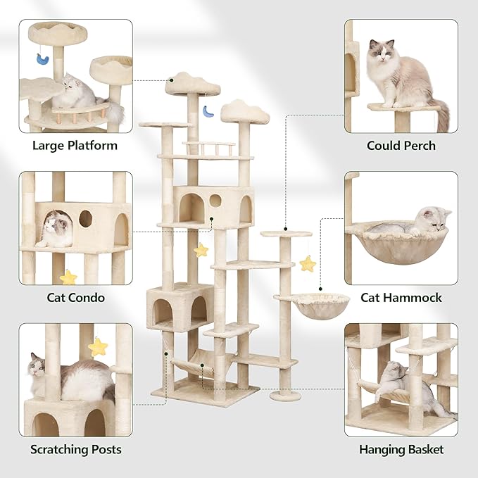 85inch Heavy Duty Cat Tree for Indoor Cats Large Adult, Tall Giant Cat Tower with Scratching Post, Large Perches, Cozy Cat Condos &amp; Hanging Hammocks, Beige