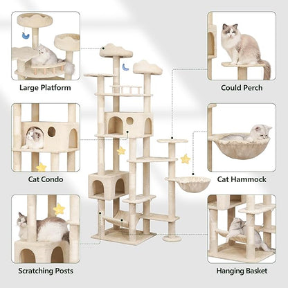 85inch Heavy Duty Cat Tree for Indoor Cats Large Adult, Tall Giant Cat Tower with Scratching Post, Large Perches, Cozy Cat Condos &amp; Hanging Hammocks, Beige