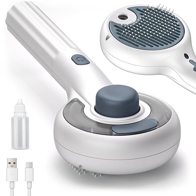 Cat Steam Brush for Indoor Cats – 3-in-1 Grooming Tool with Water Spray, Self-Cleaning Hair Comb for Long &amp; Short Haired Cats and Dogs