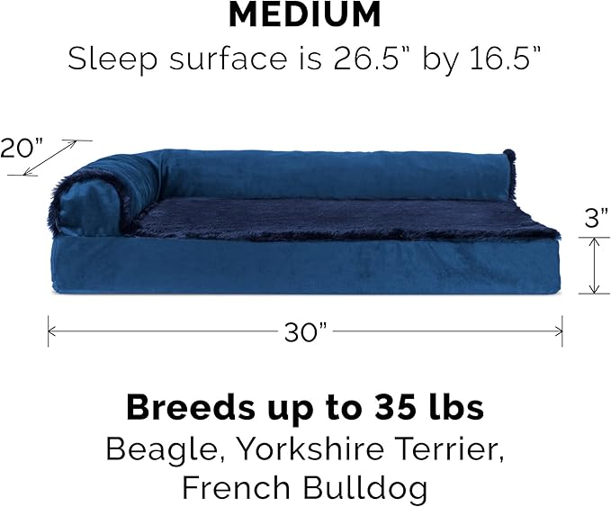 Furhaven Cooling Gel Dog Bed for Medium/Small Dogs w/ Removable Bolsters &amp; Washable Cover, For Dogs Up to 35 lbs - Plush &amp; Velvet L Shaped Chaise - Deep Sapphire, Medium