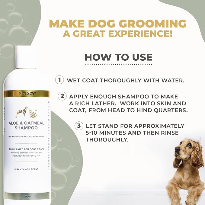 PetScy - Aloe &amp; Oatmeal Shampoo for Dogs and Cats, Moisturizing Pet Shampoo for Skin Relief, All-Natural, Soap-Free &amp; Gentle, Pina Colada Scent, 12 Oz