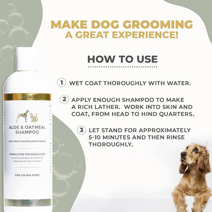 PetScy - Aloe &amp; Oatmeal Shampoo for Dogs and Cats, Moisturizing Pet Shampoo for Skin Relief, All-Natural, Soap-Free &amp; Gentle, Pina Colada Scent, 12 Oz