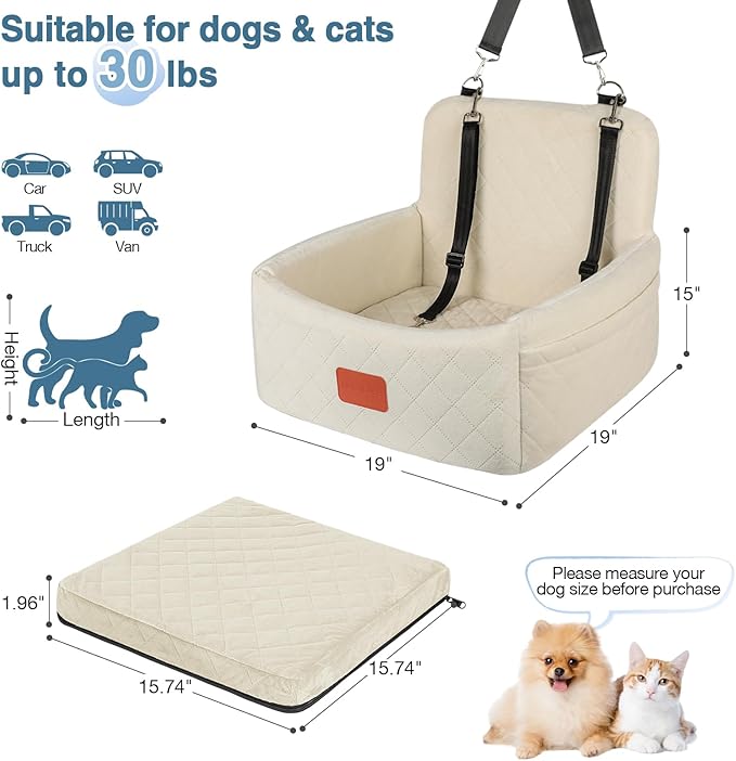 Dog Car Seat for Under 30lbs Dogs,Comfy Febric Fill in Memory Foam,Washable and Detachable Pet Travel Car Bed,Anti-Slip Bottom,2 Safety Leashes &amp; Storage Pockets(Beige)