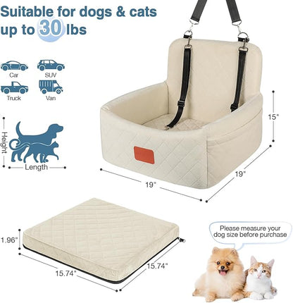 Dog Car Seat for Under 30lbs Dogs,Comfy Febric Fill in Memory Foam,Washable and Detachable Pet Travel Car Bed,Anti-Slip Bottom,2 Safety Leashes &amp; Storage Pockets(Beige)