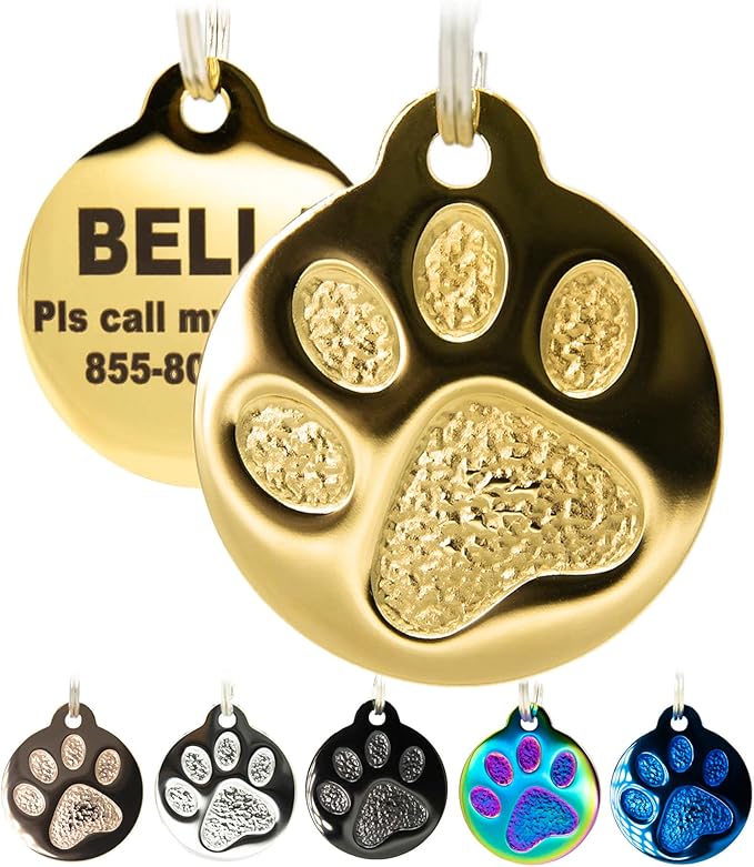 Engraved Pet Tag for Dogs and Cats - Personalized Front &amp; Back up to 4 Lines of Text Custom Engraved ID, Round Paw Print Solid Plating Stainless Steel Gold Regular