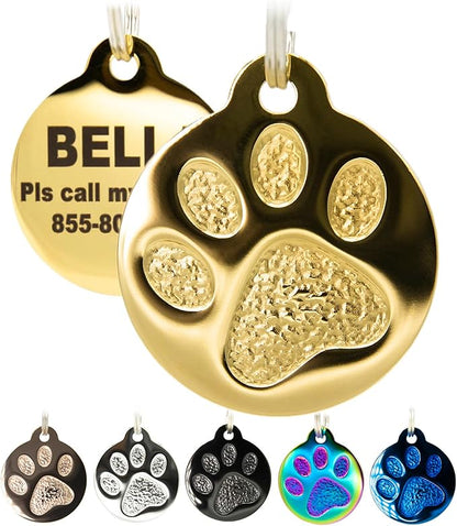 Engraved Pet Tag for Dogs and Cats - Personalized Front &amp; Back up to 4 Lines of Text Custom Engraved ID, Round Paw Print Solid Plating Stainless Steel Gold Regular