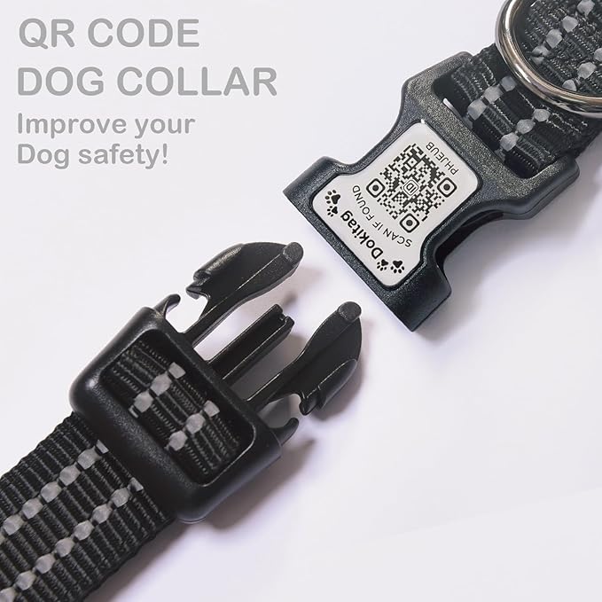 Reflective Dog Collar with Apple AirTag Holder &amp; QR Code Pet ID Tag,Soft Nylon Adjustable Dog Tracker Collar with Safety Lock for Large Dogs(Black, L)