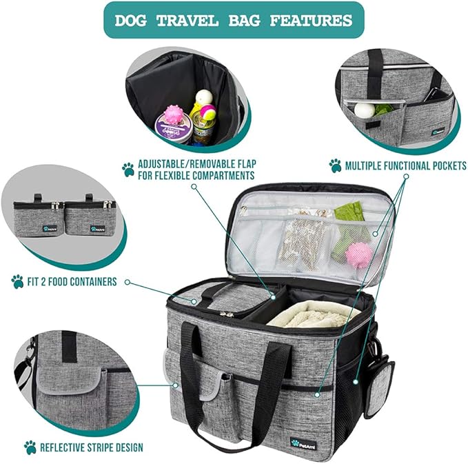 PetAmi Dog Travel Bag - Organizer with Food Container, Bowls &amp; Accessories for Weekend Camping, Cat Diaper Bag (Grey, Medium)