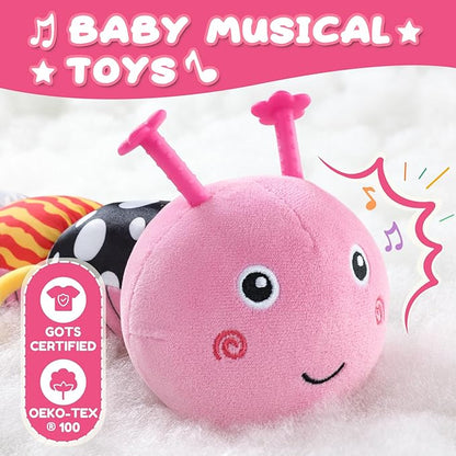 Baby Toys 0-6-12 Months,Musical Caterpillar Stuffed Animals Activity Infant Toys with Crinkle,Rattles,Mirror&amp;Pull String,Muti-Sensory Toys Gifts for Newborn Tummy Time,Pink,Knot prolegs
