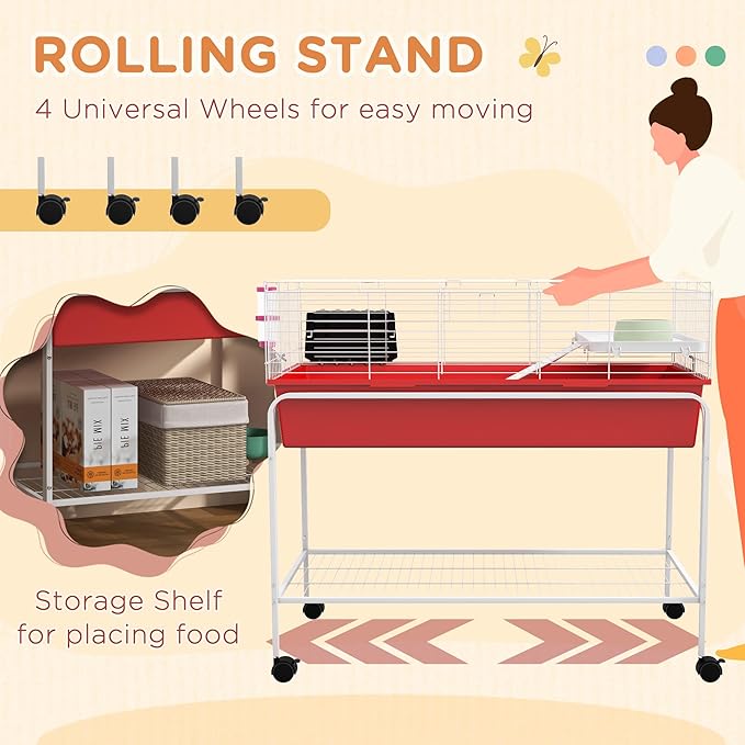 PawHut Two-Story Small Animal Cage Removable from Stand, Guinea Pig Cage with Shelf &amp; Wheels, Pet Habitat for Hedgehog, Chinchilla, Ferret, 39" x 20.5" x 36.5", Red