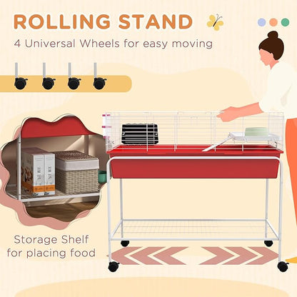 PawHut Two-Story Small Animal Cage Removable from Stand, Guinea Pig Cage with Shelf &amp; Wheels, Pet Habitat for Hedgehog, Chinchilla, Ferret, 39" x 20.5" x 36.5", Red