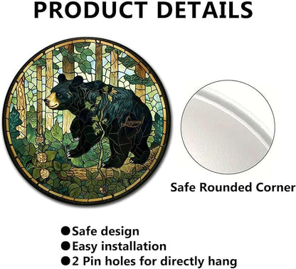 Lygond Metal Sign Tin Sign Circular Stained Glass American Black Bear Minimalist Wall Art for Garage 8×8 Inches