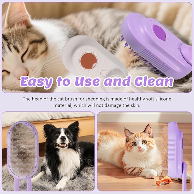 4 in 1 Cat &amp; Dog Steam Brush for Long/Short Hair Shedding - Rechargeable Pet Grooming Brush with Anti-Static Steam Spray, Foldable Handle &amp; Dual Massage Modes for Home Pet Spa Cleaning