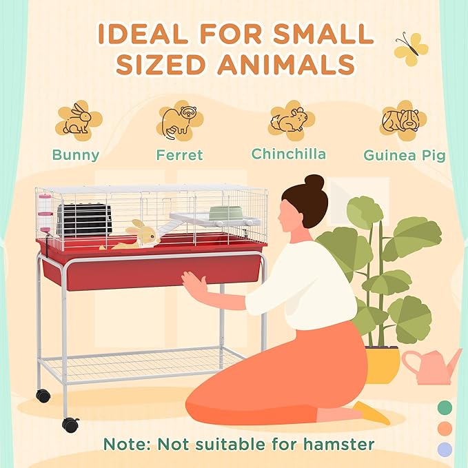 PawHut Two-Story Small Animal Cage Removable from Stand, Guinea Pig Cage with Shelf &amp; Wheels, Pet Habitat for Hedgehog, Chinchilla, Ferret, 33" x 18.5" x 35", Red