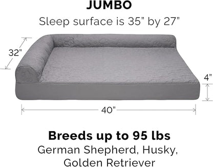 Furhaven Cooling Gel Dog Bed for Large Dogs w/ Removable Bolsters &amp; Washable Cover, For Dogs Up to 95 lbs - Pinsonic Quilted Paw L Shaped Chaise - Titanium, Jumbo/XL