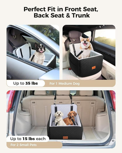 Dog Car Seat for Small &amp; Medium Dogs Under 35lbs, Detachable &amp; Washable Pet Car Seat, Interior Height 6 Inches Pet Travel Bed with Storage Pockets and 2 Dog Safety Belts (Black/Gray)