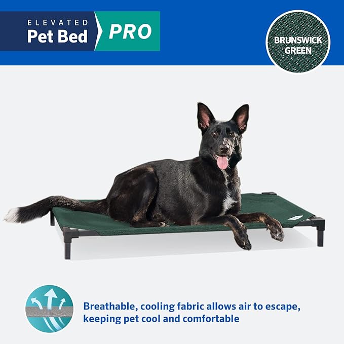 Coolaroo Pro Elevated Dog Bed - Low-Profile Access, Moisture-Resistant Cover, Breathable Fabric &amp; Tool-Free Setup, Brunswick Green, Standard