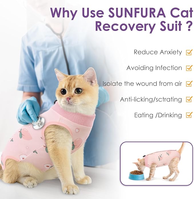 SUNFURA Cat Recovery Suit, Kitten Surgical Full Bodysuit for Abdominal Wound Protector Anti Licking After Surgery, Professional Bandages Cone E-Collar Alternative for Small Male &amp; Female Pets