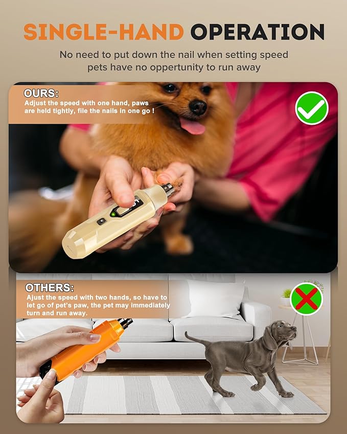 YABIFE 7-Speed Pet Nail Grinder with Light – Heavy Duty, Whisper Quiet Nail Trimmer for Dogs, Cats, Birds &amp; Small Animals – Single-Handed Operation