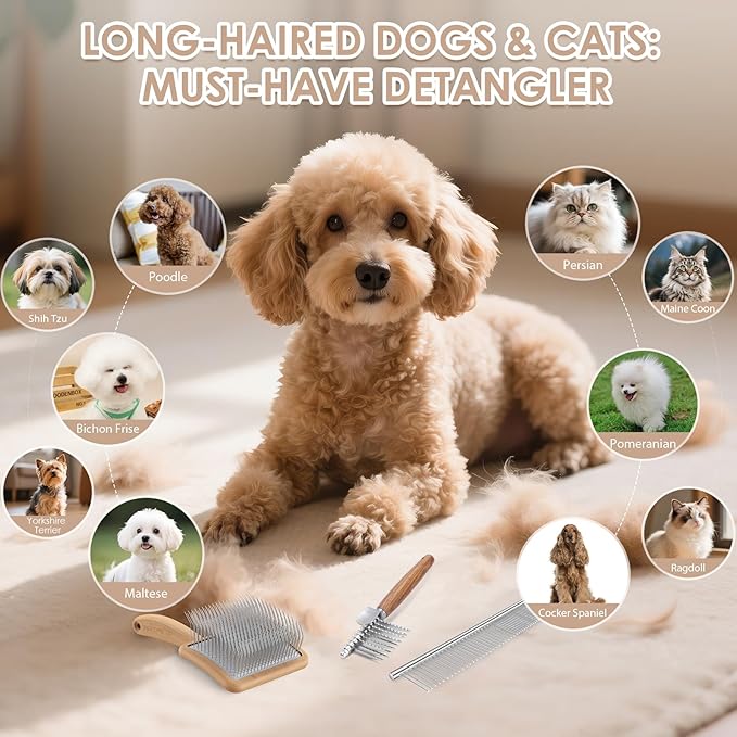 Long Pin Dog Slicker Brush for Poodles, Golden Doodles &amp; Cats - 3-Piece Grooming Kit with Dematting Comb and Pet Comb, Large Wooden Handle Deshedding Tools for Thick Hair Mats Removal