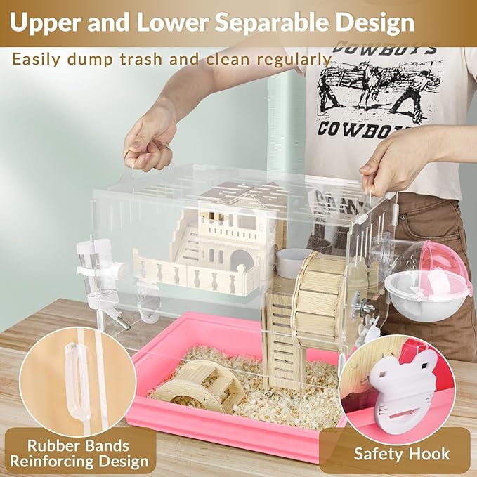 Cycodo 8 in 1 Acrylic Hamster Cage,2-Tier Dwarf Hamster Cage with Wooden Wheel &amp; Hideout,Small Hamster Habitat with Accessories,Clear Pet Mice House(Pink,14" L*10" W*11" H)