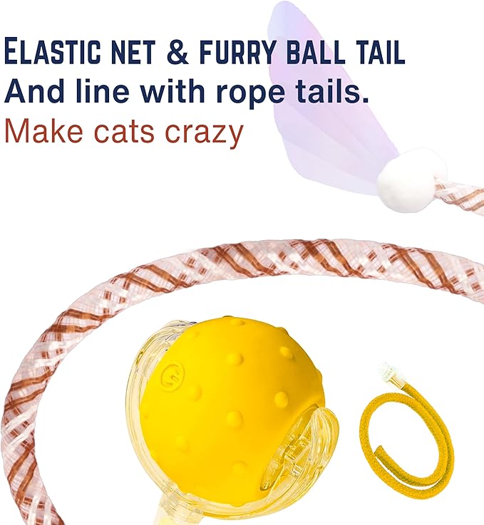 Interactive Cat Toy – Motion Activated Rolling Ball with LED Lights &amp; 3 Play Modes &amp; Two Different Tails - Best Toy for Indoor Cats &amp; Kittens to Stay Active and Stimulate Hunting Instinct (Yellow)